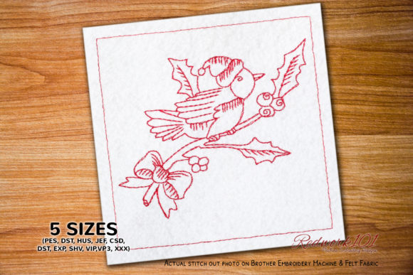 Christmas Bird Redwork for Sweatshirt Embroidery